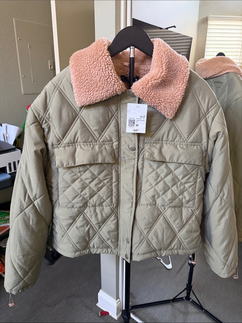 Forever 21 Olive Quilted Bomber Jacket with Pink Sherpa Collar